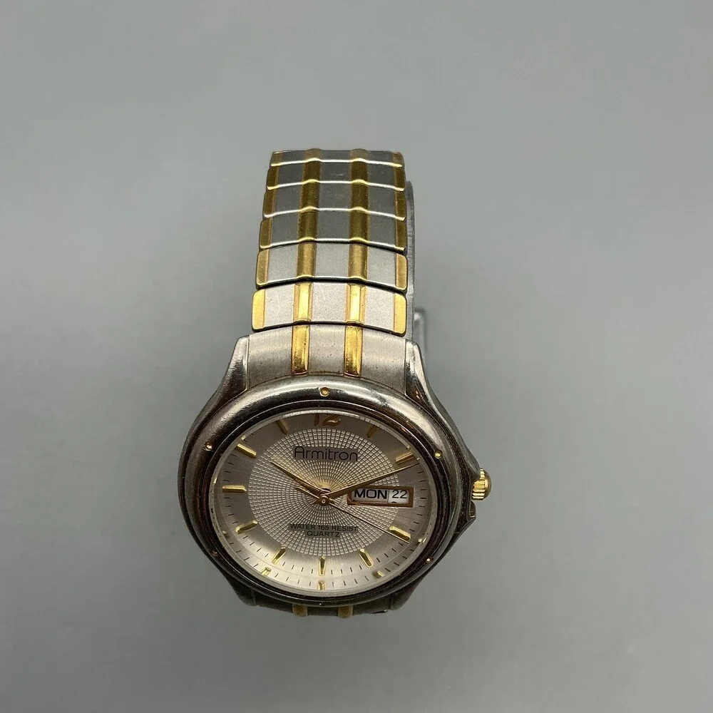 Armitron 20/1367 Mens Watch 37mm Silver Gold Two Tone Stretch Day Date New Batt